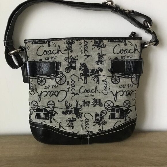Coach Signature Horse & Carriage Jacquard & Black Leather Shoulder Bag No. 14441 - Picture 8 of 11
